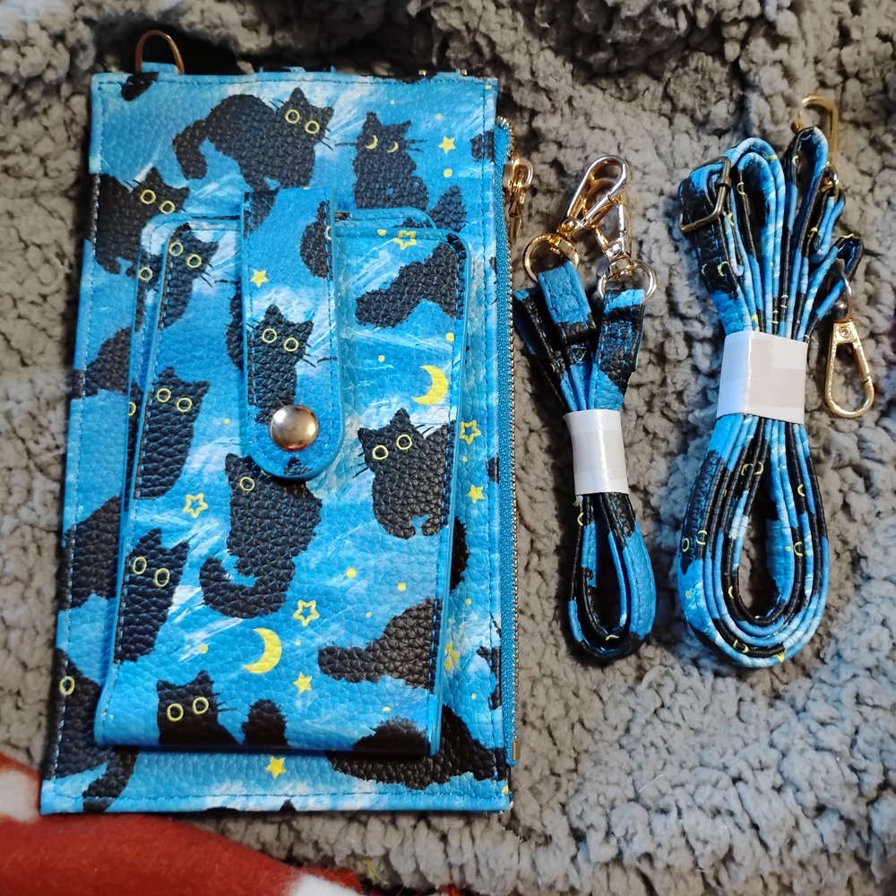 Blue Cat Print Wallet with Strap